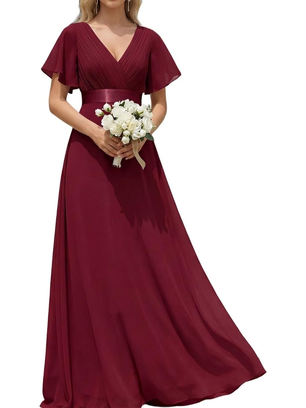 Elegant V-Neck Burgundy Maxi Dress with Flutter Sleeves